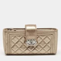 Pre Owned Chanel Gold Quilted Leather Boy Phone Holder Pouch 