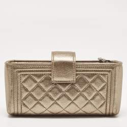 Pre Owned Chanel Gold Quilted Leather Boy Phone Holder Pouch 