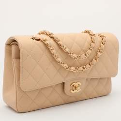Pre Owned Chanel Beige Quilted Caviar Leather Medium Classic Double Flap Bag