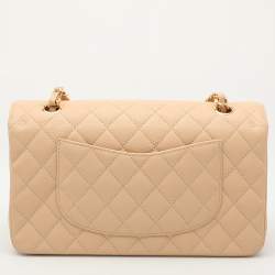 Pre Owned Chanel Beige Quilted Caviar Leather Medium Classic Double Flap Bag