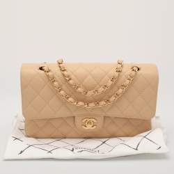 Pre Owned Chanel Beige Quilted Caviar Leather Medium Classic Double Flap Bag