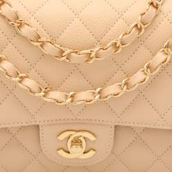 Pre Owned Chanel Beige Quilted Caviar Leather Medium Classic Double Flap Bag