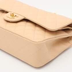 Pre Owned Chanel Beige Quilted Caviar Leather Medium Classic Double Flap Bag
