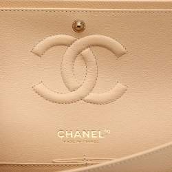 Pre Owned Chanel Beige Quilted Caviar Leather Medium Classic Double Flap Bag