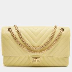 Pre Owned Chanel Yellow Chevron Leather Classic 227 Reissue 2.55 Flap Bag