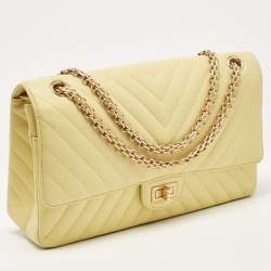 Pre Owned Chanel Yellow Chevron Leather Classic 227 Reissue 2.55 Flap Bag