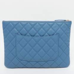 Pre Owned Chanel Blue Quilted Caviar Leather O Case Clutch