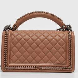 Pre Owned Chanel Beige Quilted Leather Medium Chain Around Boy Top Handle Bag
