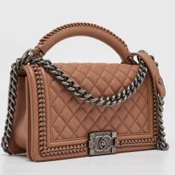 Pre Owned Chanel Beige Quilted Leather Medium Chain Around Boy Top Handle Bag