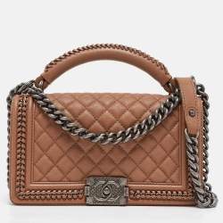 Pre Owned Chanel Beige Quilted Leather Medium Chain Around Boy Top Handle Bag