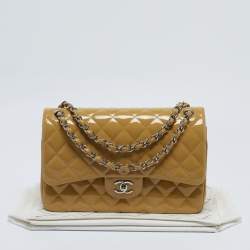 Chanel Beige Quilted Patent Leather Jumbo Classic Double Flap Bag