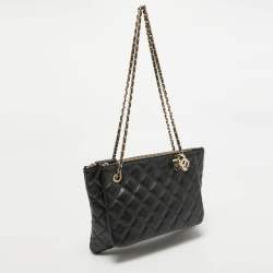 Pre Owned Chanel Black Quilted Leather Double Zip Crossbody Pouch