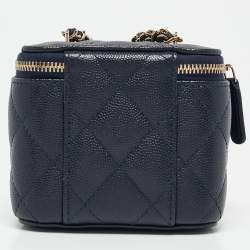 Pre Owned Chanel Navy Blue Quilted Caviar Leather Mini Vanity Case with Chain