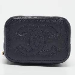 Pre Owned Chanel Navy Blue Quilted Caviar Leather Mini Vanity Case with Chain