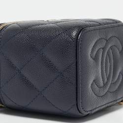 Pre Owned Chanel Navy Blue Quilted Caviar Leather Mini Vanity Case with Chain