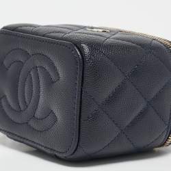 Pre Owned Chanel Navy Blue Quilted Caviar Leather Mini Vanity Case with Chain