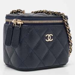 Pre Owned Chanel Navy Blue Quilted Caviar Leather Mini Vanity Case with Chain