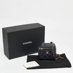 Pre Owned Chanel Navy Blue Quilted Caviar Leather Mini Vanity Case with Chain