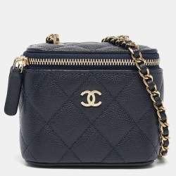 Pre Owned Chanel Navy Blue Quilted Caviar Leather Mini Vanity Case with Chain