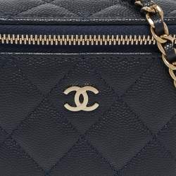 Pre Owned Chanel Navy Blue Quilted Caviar Leather Mini Vanity Case with Chain