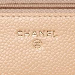 Pre Owned Chanel Beige Quilted Caviar Leather CC Wallet On Chain