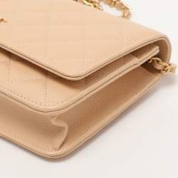Pre Owned Chanel Beige Quilted Caviar Leather CC Wallet On Chain