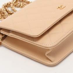 Pre Owned Chanel Beige Quilted Caviar Leather CC Wallet On Chain