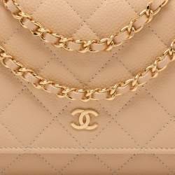 Pre Owned Chanel Beige Quilted Caviar Leather CC Wallet On Chain