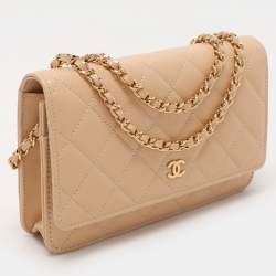 Pre Owned Chanel Beige Quilted Caviar Leather CC Wallet On Chain
