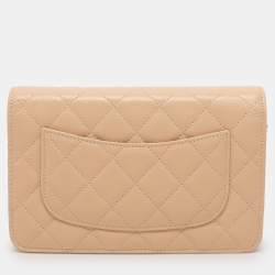 Pre Owned Chanel Beige Quilted Caviar Leather CC Wallet On Chain