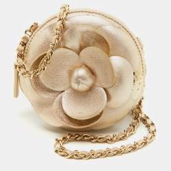 Pre Owned Chanel Light Gold Leather CC Camellia Round Clutch With Chain