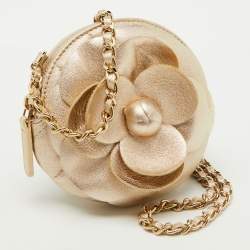 Pre Owned Chanel Light Gold Leather CC Camellia Round Clutch With Chain