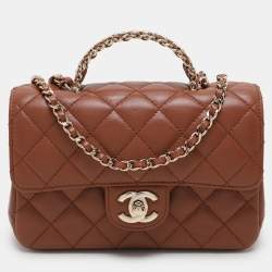 Pre Owned Chanel Brown Quilted Leather Mini Crystal Embellished Top Handle Bag