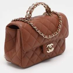 Pre Owned Chanel Brown Quilted Leather Mini Crystal Embellished Top Handle Bag
