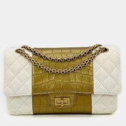 Chanel Cream Leather Gold Alligator Classic Double Flap 2.55 Shoulder Bag