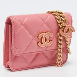 Chanel Pink Quilted Leather CC Charms Card Holder On Chain