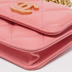 Chanel Pink Quilted Leather CC Charms Card Holder On Chain
