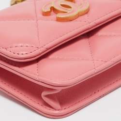Chanel Pink Quilted Leather CC Charms Card Holder On Chain