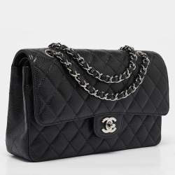 Pre Owned Chanel Black Quilted Caviar Leather Medium Classic Double Flap Bag