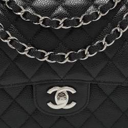 Pre Owned Chanel Black Quilted Caviar Leather Medium Classic Double Flap Bag