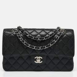 Pre Owned Chanel Black Quilted Caviar Leather Medium Classic Double Flap Bag
