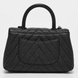 Pre Owned Chanel Black Chevron Caviar Leather Mini So Black Coco Top Handle Bag