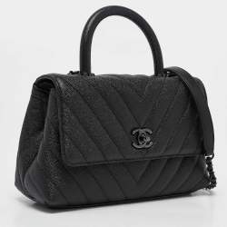 Pre Owned Chanel Black Chevron Caviar Leather Mini So Black Coco Top Handle Bag