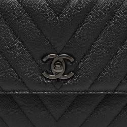 Pre Owned Chanel Black Chevron Caviar Leather Mini So Black Coco Top Handle Bag