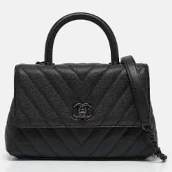 Pre Owned Chanel Black Chevron Caviar Leather Mini So Black Coco Top Handle Bag