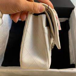 Pre Owned Chanel White Gold Button Caviar Leather Medium Bag