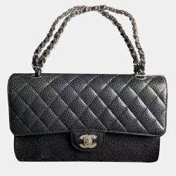 Pre Owned Chanel Black Silver Caviar Leather Medium Bag