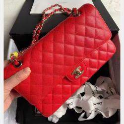 Chanel Coral Red Caviar Leather Medium Bag