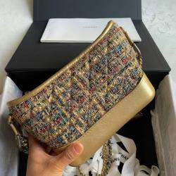Pre Owned Chanel Golden Tweed and Leather Gabrielle Small Hobo Bag
