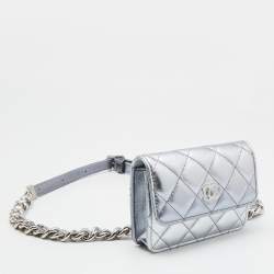 Pre Owned Chanel Silver Quilted Leather CC Chain Belt Bag